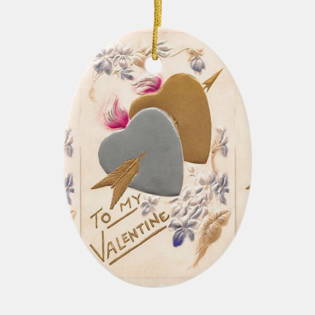 Vintage Silver & Gold Herzstück Valentine Postkart Keramikornament (Vorne)