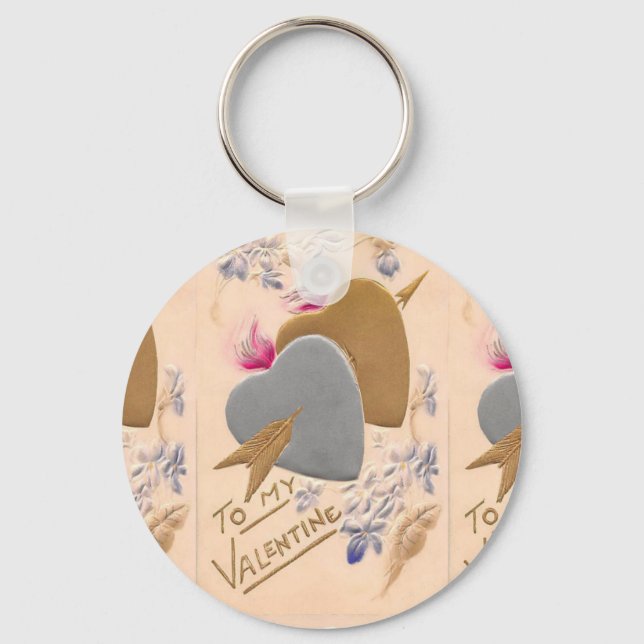 Vintage Silver & Gold Herzstück Valentine Postkart Schlüsselanhänger (Vorderseite)