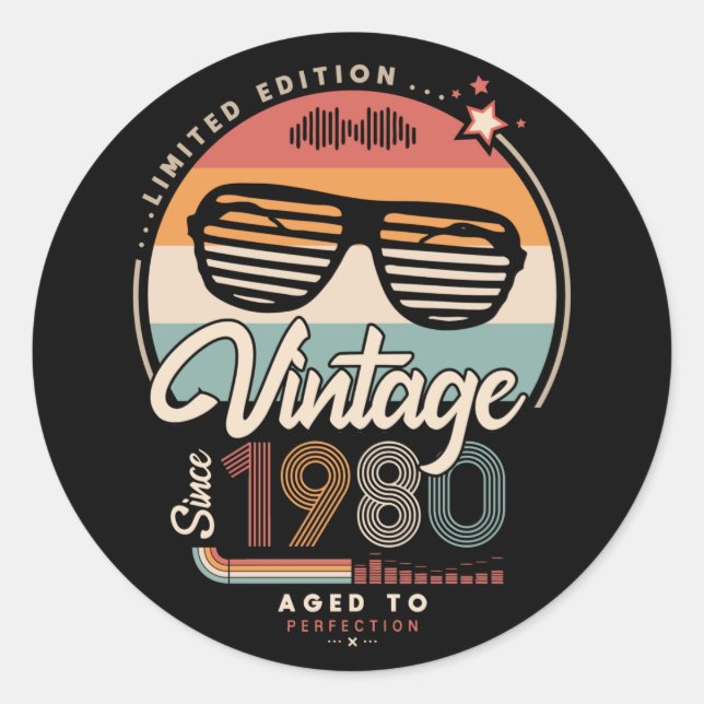 Vintage Since 1980 Runder Aufkleber (Vorderseite)