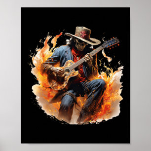 Vintage Skelett Cowboy spielt Gitarre Feuer Poster