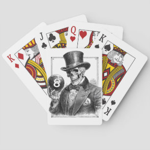 Vintage-Skelett mit Zylinder und 8-Ball Spielkarten