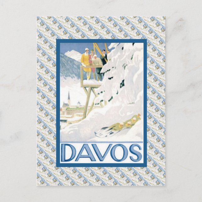 Vintage Ski Poster, Davos, Switzerland Postkarte (Vorderseite)