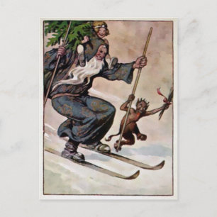 Vintage Skifahrender Weihnachtsmann und Krampus Postkarte