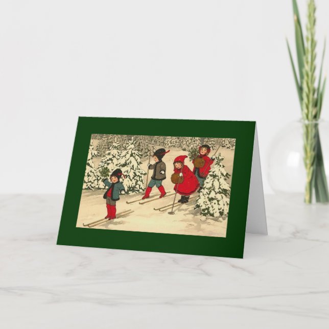 Vintage Skifahrer Weihnachtskarte Feiertagskarte (Vorderseite)