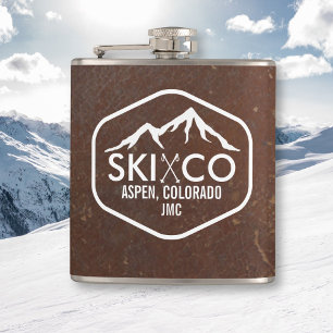 Vintage-Skiiberg Aspen CO Monogramm-Leder Flachmann