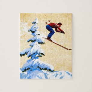 Vintage-Skiplakat, Skispringer und Kiefern