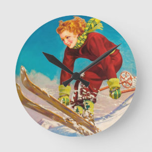 Vintage-Skiplakat, Skispringerin Runde Wanduhr