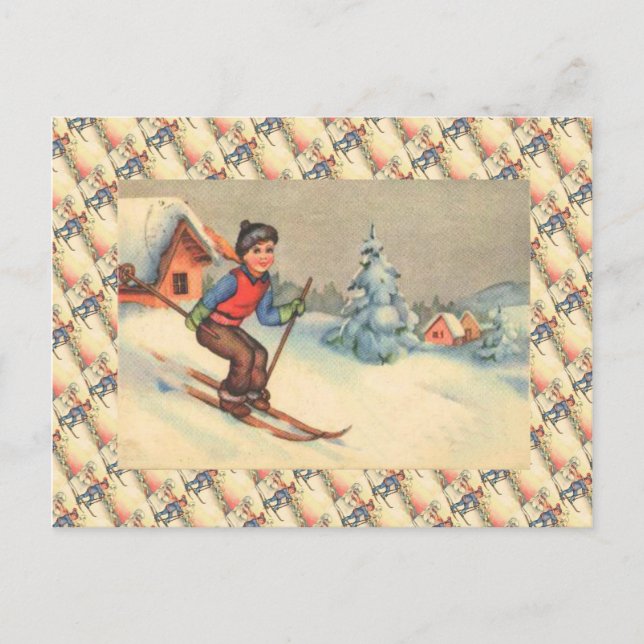 Vintage Skiszene, junge Leute Postkarte (Vorderseite)