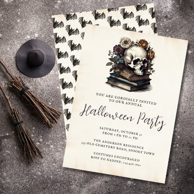Vintage Skull Books Dark Academia Halloween Party Einladung (Von Creator hochgeladen)