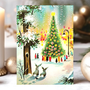 Vintage Snow Bunnies Weihnachtsbaumszene Feiertagskarte
