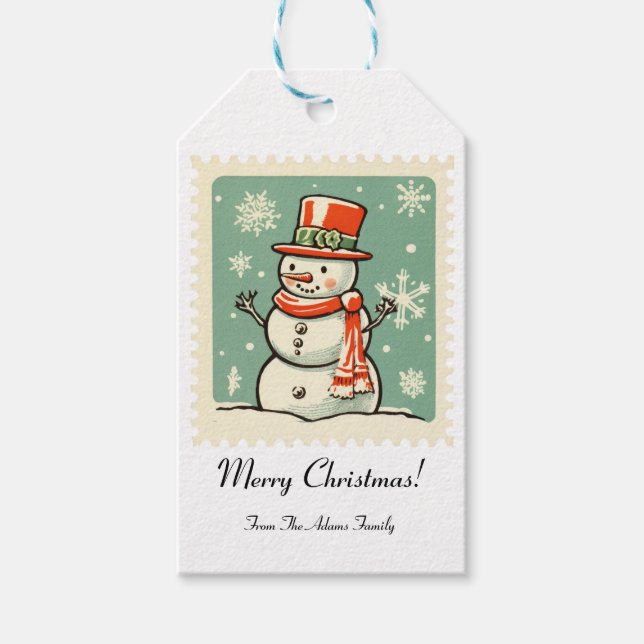 Vintage Snowmen Weihnachtsfeiertage Briefmarke Ges Geschenkanhänger (Vorderseite)