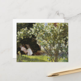 Vintage Sommer-Malerei White Roses Lesen Frau Postkarte