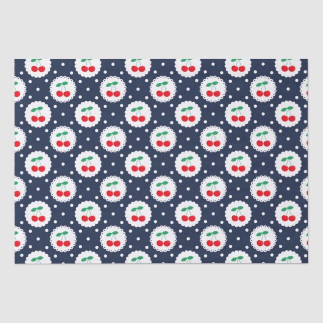  Vintage Sommernavy, White & Red Cherries Seidenpapier (Vorderseite)
