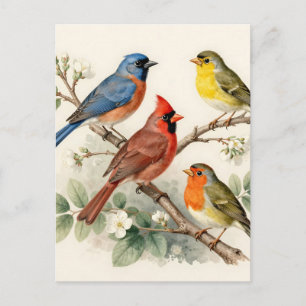 Vintage-Songbird-Blütenzweig-Illustration Postkarte