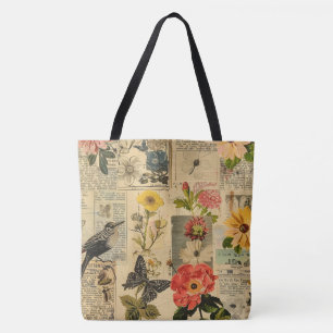 Vintage Songbird Florale Zeitungs-Collage Tasche