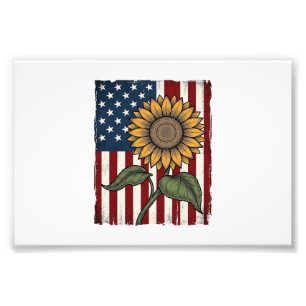 Vintage-Sonnenblume-amerikanische Flagge Fotodruck