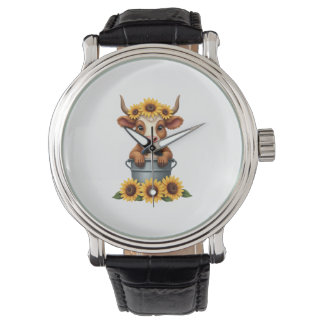 Vintage-Sonnenblume Highland-Kuh in Eimer Floral F Armbanduhr