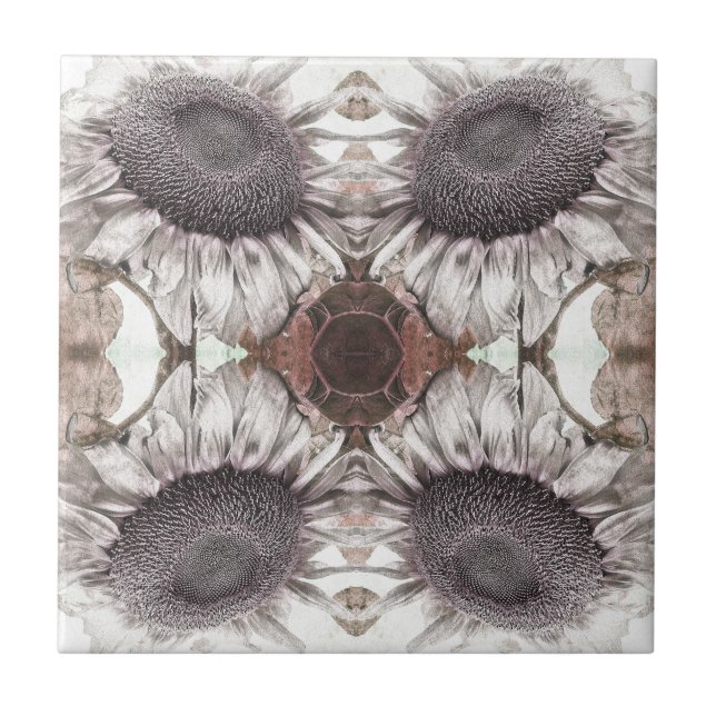 Vintage Sonnenblume Jugendstil Sepia Brown Blume Fliese (Vorderseite)