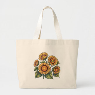 Vintage Sonnenblumen-Bienen-Illustration Jumbo Stoffbeutel