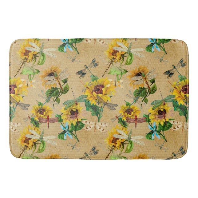 Vintage Sonnenblumen und Libellen Badematte (Vorderseite)