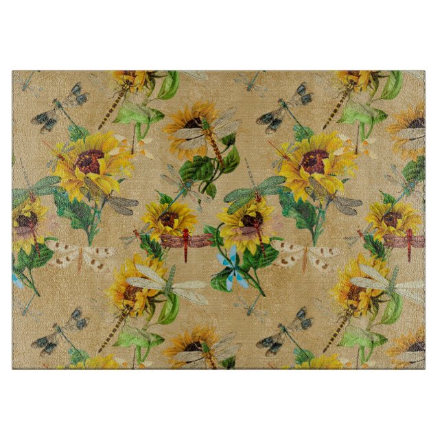 Vintage Sonnenblumen und Libellen Schneidebrett (Vorderseite)