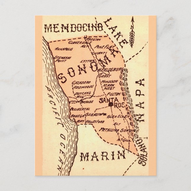 Vintage-Sonom-County-Karte Postkarte (Vorderseite)