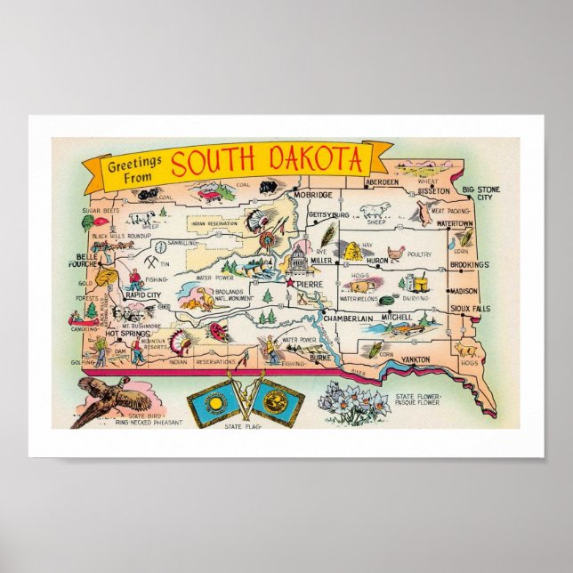 Vintage South Dakota Karte drucken Poster (Vorne)