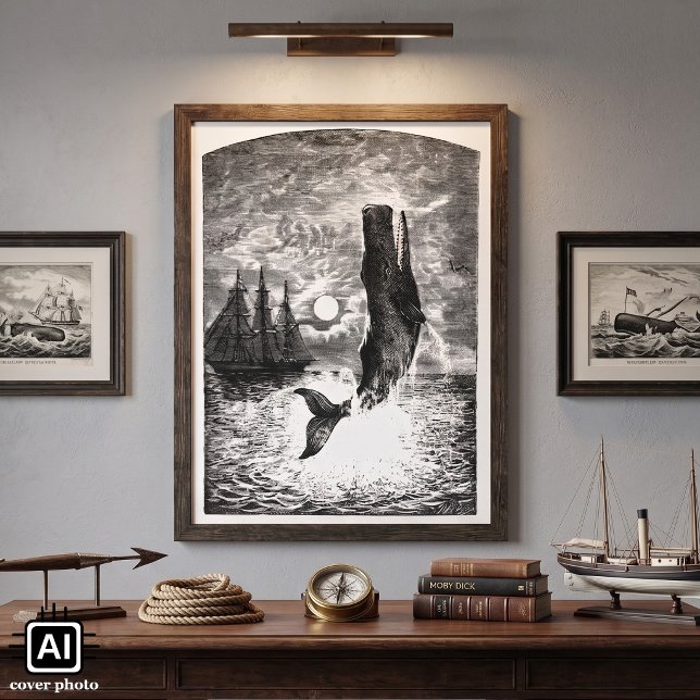 Vintage Spermienwale, Meerestiere Poster (Vintage illustration Victorian Era black and white sperm whale breaching during a full moon.)