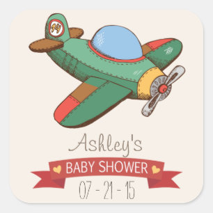 Vintage-Spielzeugflugzeug-Baby-Party Quadratischer Aufkleber
