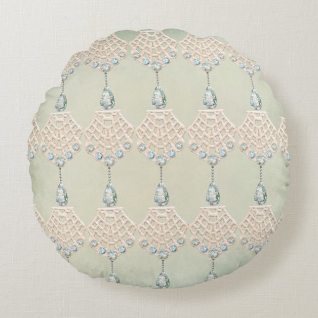 Vintage Spitze aquamarine Kristall viktorianisch Rundes Kissen (Vorderseite)