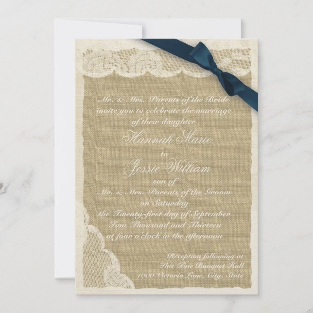 Vintage Spitze und Burlap Navy Blue Ribbon Einladung (Vorderseite)