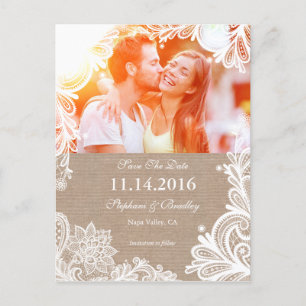 Vintage Spitze und Burlap Save the Date Postkarte