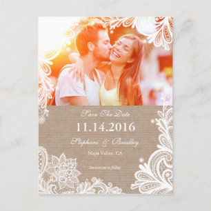 Vintage Spitze und Burlap Save the Date Postkarte