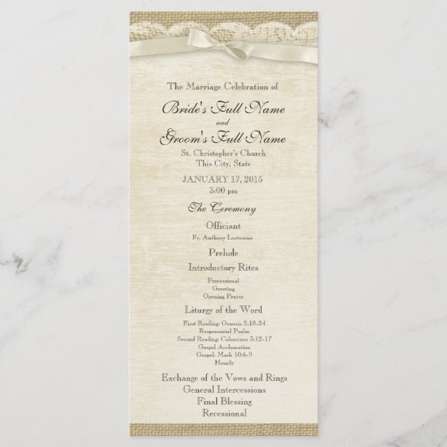 Vintage-Spitze- und Jute-Hochzeitsprogramm Programm (Vorderseite)