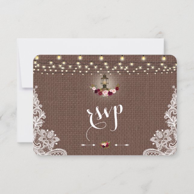 Vintage Spitzen-Burlap-String-Lights Hochzeit RSVP Karte (Vorderseite)