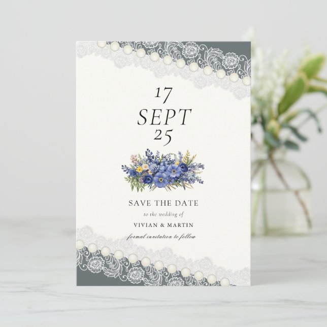 Vintage Spitzen und Perlen Save the Date Einladung (Stehend Vorderseite)
