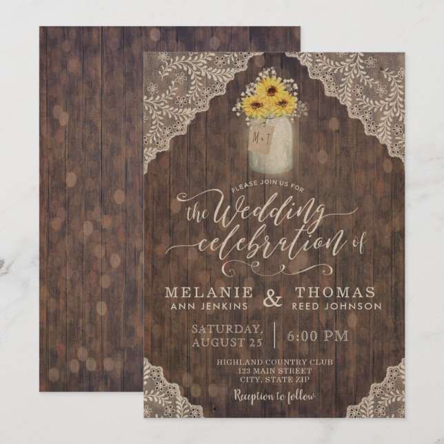 Vintage Spitzen und Sonnenblumen Hochzeitseinladun Einladung (Vorne/Hinten)