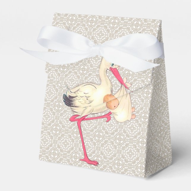 Vintage Spitzen- und Stork-Baby-Dusche Geschenkschachtel (Vorderseite)