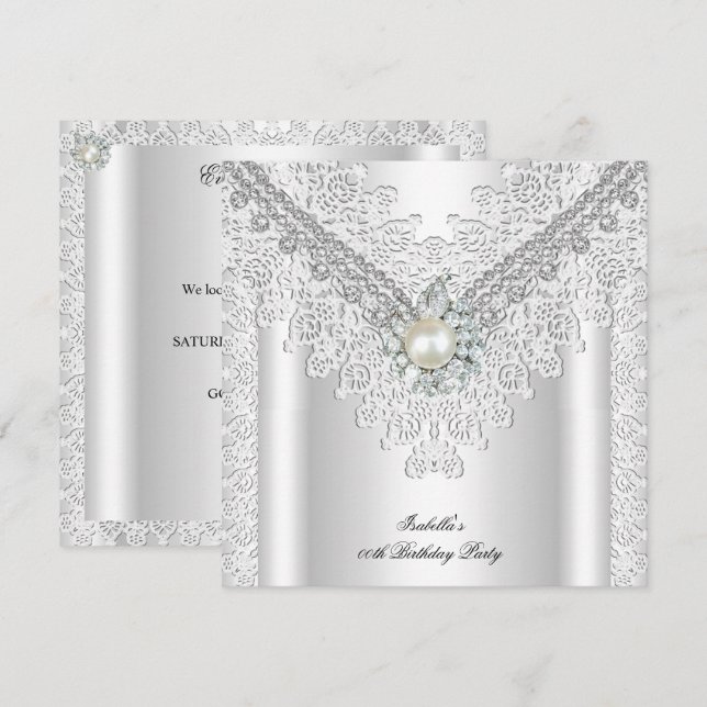 Vintage Spitzenpearl Silver White Elegante Geburts Einladung (Vorne/Hinten)