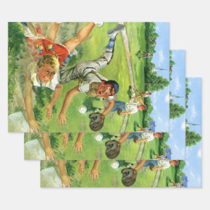 Vintage-Sport Baseball, Kinderteams beim Spielen Geschenkpapier Set