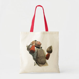 Vintage-Sport Baseballspieler, Fänger schaut nach Tragetasche