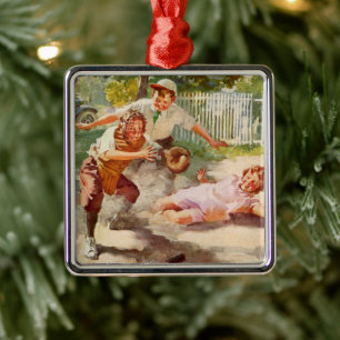 Vintage Sportarten, Kinder spielen Stickball Baseb Silbernes Ornament