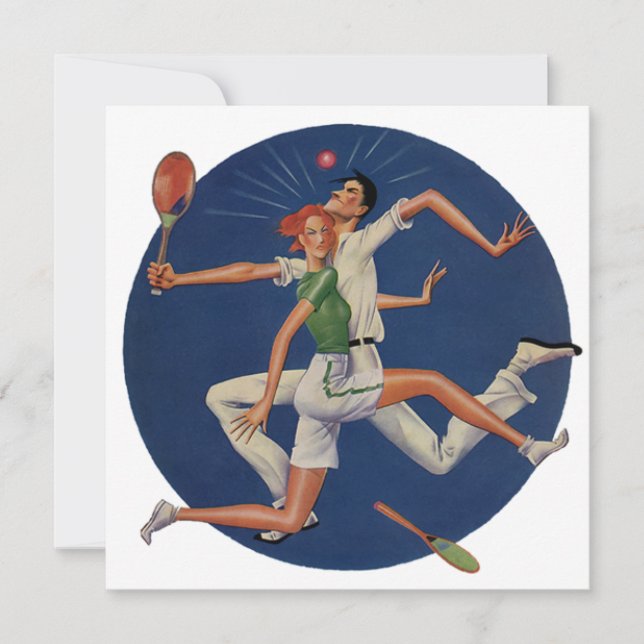 Vintage Sportarten, Tennisspieler brechen mit Rack Einladung (Vorderseite)