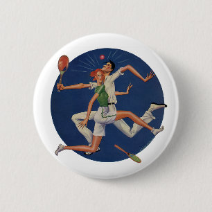 Vintage-Sportler, Tennisspieler krachen mit Schläg Button