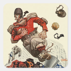 Vintage-Sportsfußballspieler und Bulldoggen-Maskot Quadratischer Aufkleber
