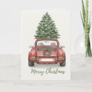 Vintage-Sportwagen mit Weihnachtsbaumkarte Karte