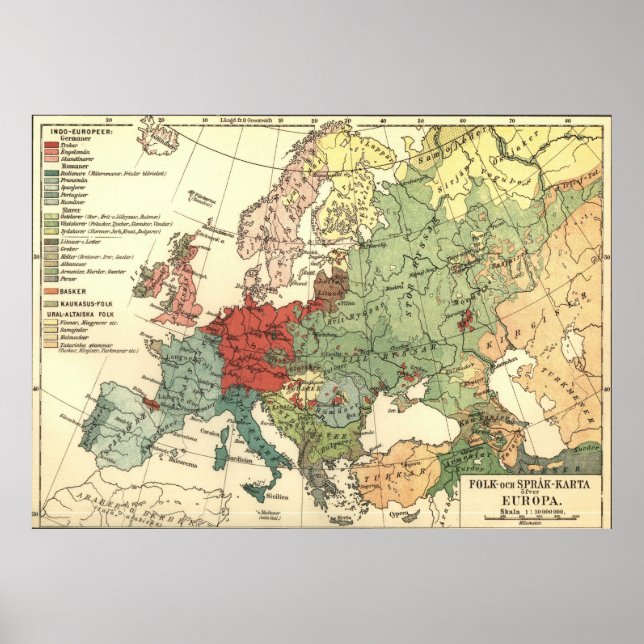 Vintage Sprachkarte Europas (1907) Poster (Vorne)