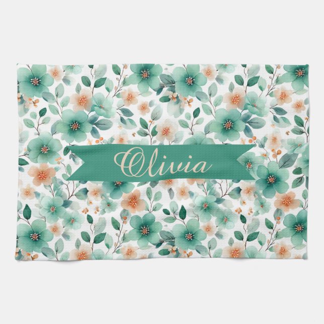 Vintage Spring Green Floral Personalized Geschirrtuch (Horizontal)