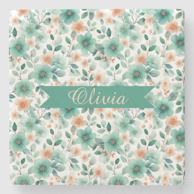 Vintage Spring Green Floral Personalized Steinuntersetzer (Vorderseite)