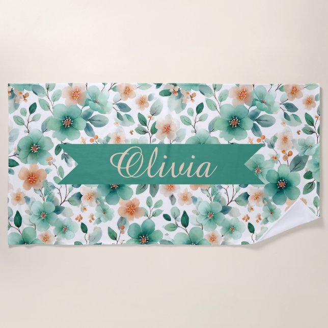Vintage Spring Green Floral Personalized Strandtuch (Vorderseite)